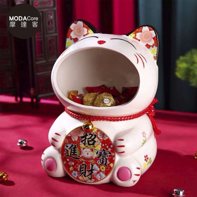 MODACore 摩達客 - 摩達客◉春節開運◉圓滿招財進寶紅白款大嘴招財貓擺飾-聚寶盆糖果收納好物