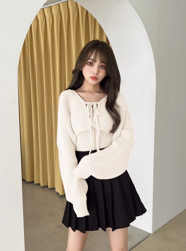 日本 GRL - 羅紋針織內搭泡泡袖外套兩件組-寶貝藍