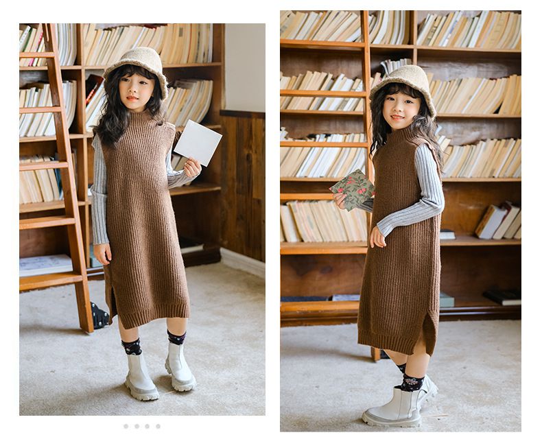 森林系半高領針織背心連身裙-咖啡色