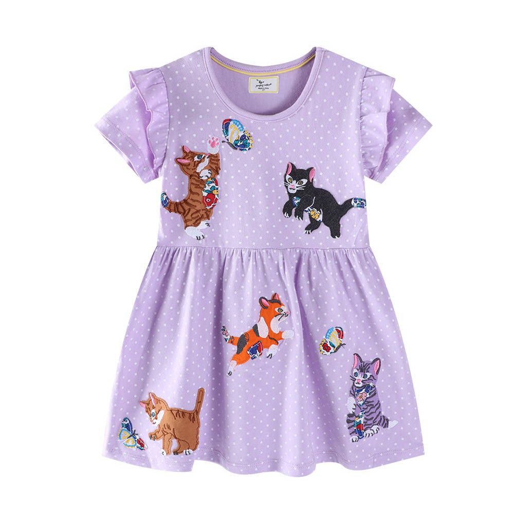 棉質圓領荷葉邊短袖洋裝-貓追蝴蝶-紫色點點