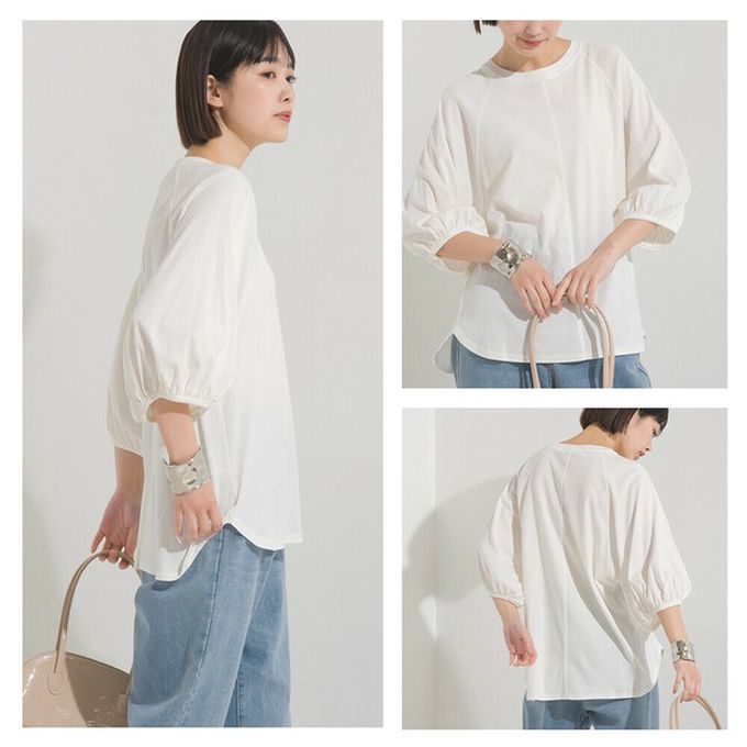 日本 OMNES - 抗透汗 薄透氣球七分袖上衣-水藍