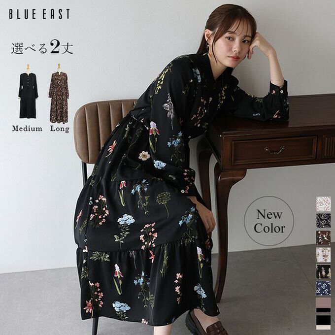 日本 BLUE EAST - [人氣款]簡約抽繩收腰長袖洋裝-小葉子-海軍藍