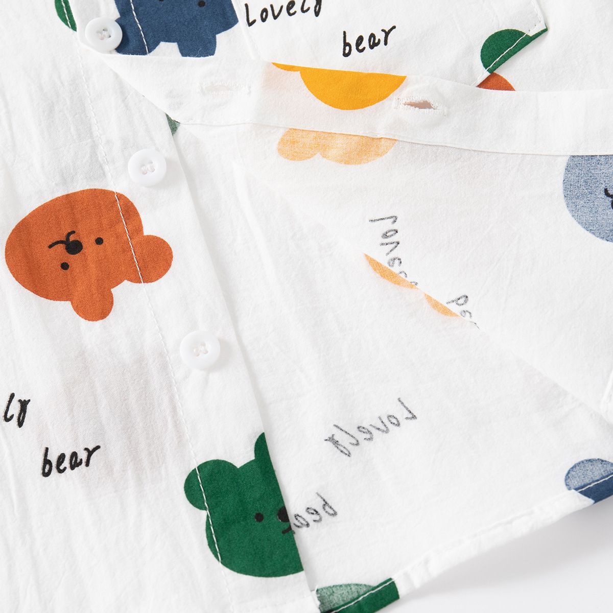 WELLKIDS - 純棉休閒翻領短袖襯衫-繽紛熊熊-白色