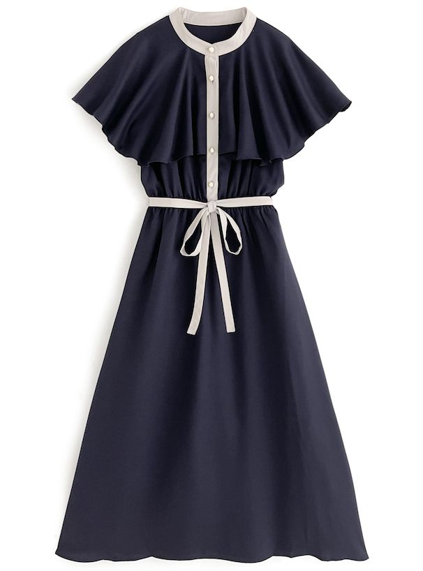 日本 GRL - 法式優雅撞色收腰雪紡洋裝-深藍x白 (F)