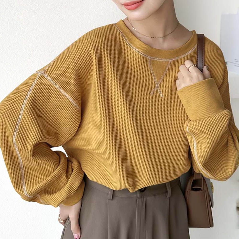 Java 華夫格車線薄長袖上衣-芥末黃