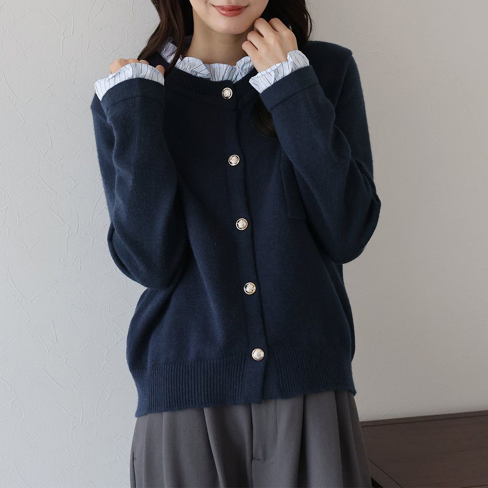 甜心假二件荷葉領金扣開襟衫-海軍藍 (M)