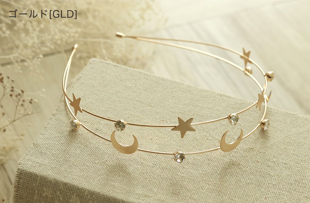 日本 Catherine Cottage - 星星月亮水鑽閃耀髮箍-金色