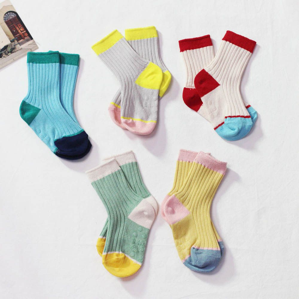 (五入組)韓製兒童羅紋中筒襪-活力撞色