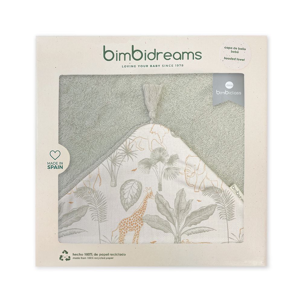 【bimbidreams】竹纖維流蘇連帽浴巾禮盒 100x100cm(寶寶新生兒禮 滿月禮 彌月禮 嬰兒禮盒)-叢林長頸鹿(綠)