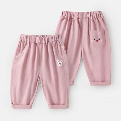 CUTEPANDA'S - 純棉腰鬆緊休閒長褲-後童趣繡花口袋-粉色