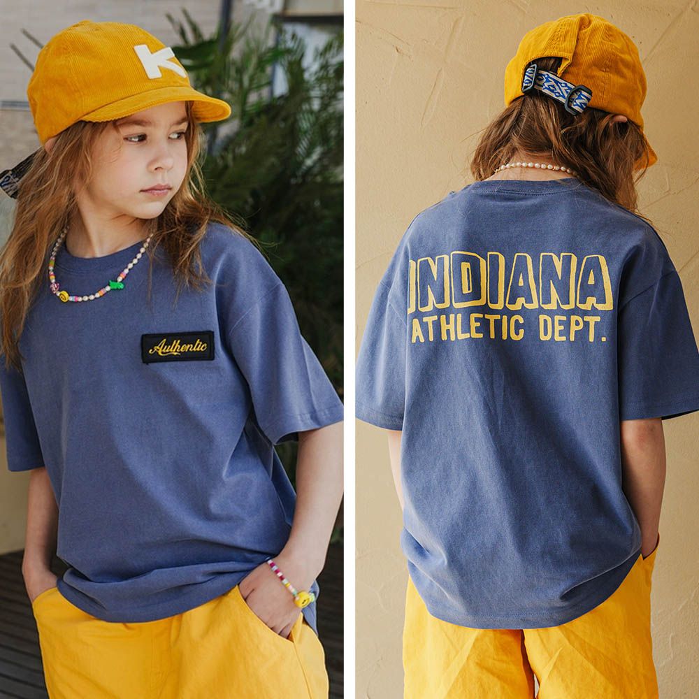 潮流小標背後字印短袖上衣-深灰藍