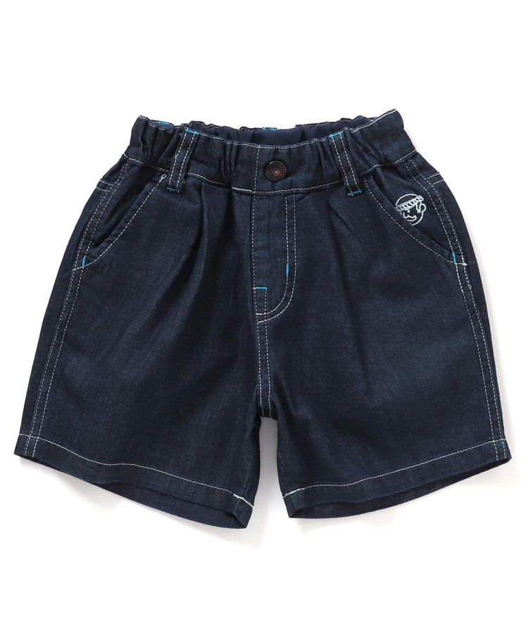 日本 BREEZE - 夏日祭典逗趣刺繡手巾牛仔短褲-幽默師匠-淺藍