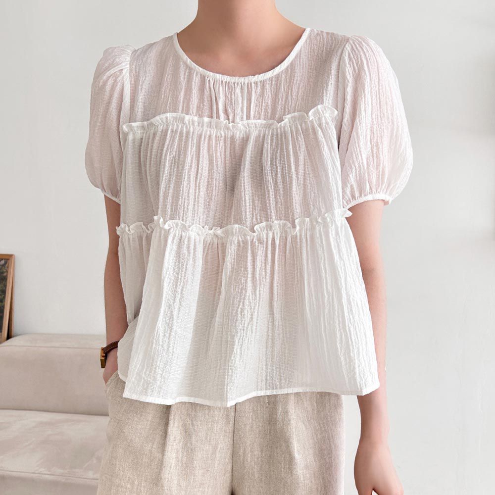韓國女裝連線 - 拼接皺褶微透感公主袖襯衫-白 (FREE)