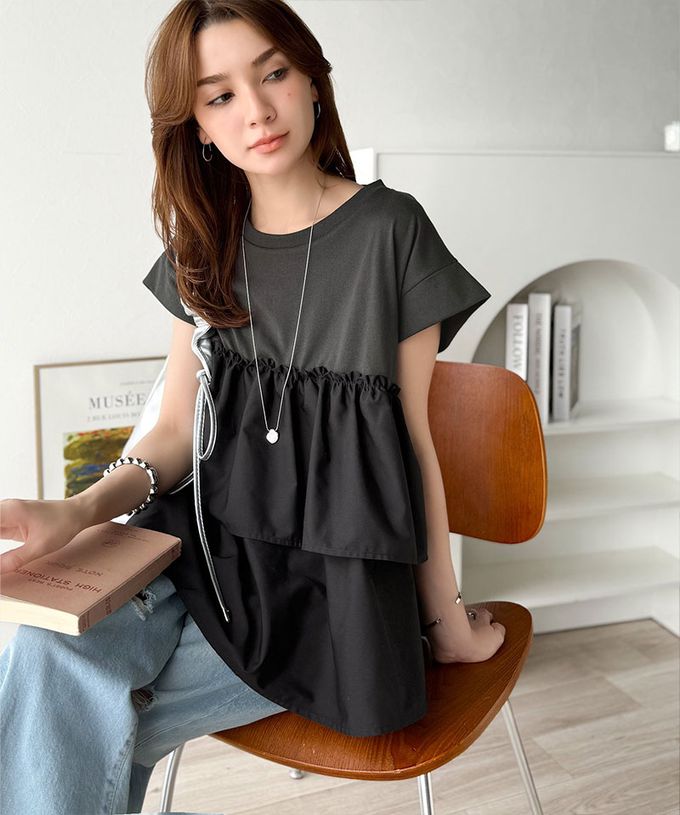 日本 Classical Elf - 浪漫不對稱拼接荷葉短袖上衣-炭灰