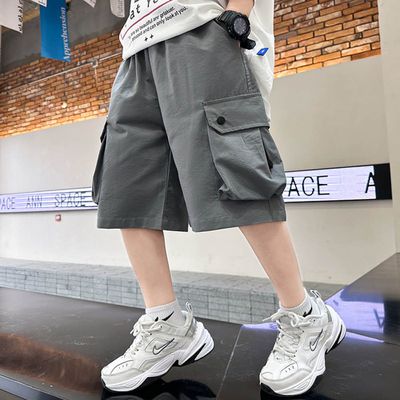 babybody - 腰鬆緊工裝休閒五分褲-抽繩大口袋-灰色
