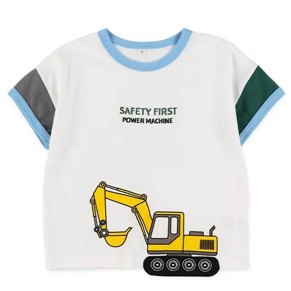 工程車印花撞色短袖上衣-白