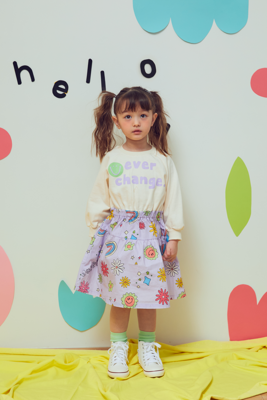 韓國 MINIATURE - 彩虹雛菊拼接縮腰洋裝-奶油白