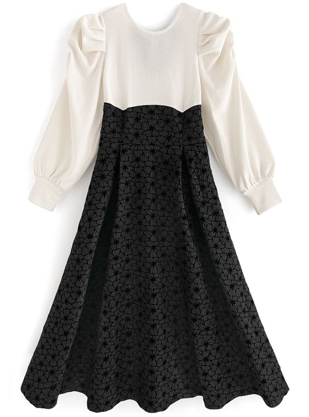 日本 GRL - 絕對優雅緹花拼接後綁帶洋裝-黑x白