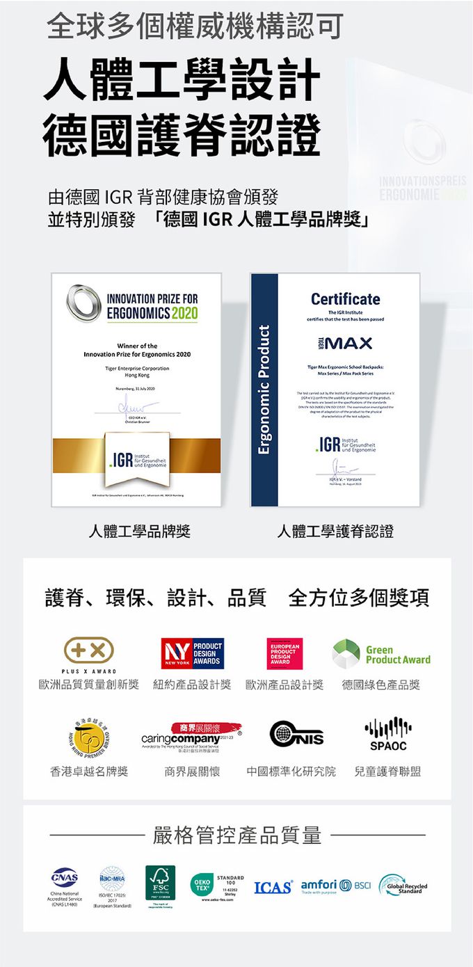 Tiger Family 輕量護脊書包經國際認證，獲頒德國IGR人體工學品牌獎，真護脊效果卓越