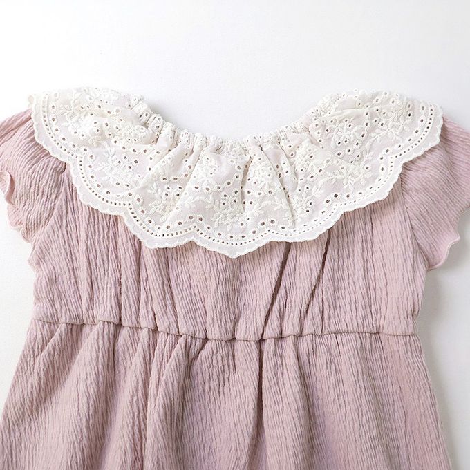 日本 ZOOLAND - 清爽楊柳 蕾絲領木耳短袖洋裝-粉紅