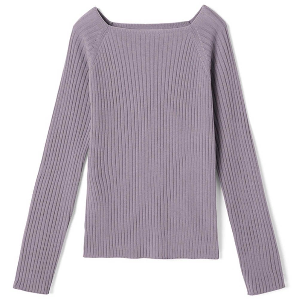 法式方領羅紋針織上衣-薰衣草