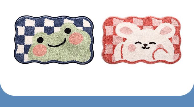 快速吸水植絨浴室腳踏墊-格紋青蛙-藍+白