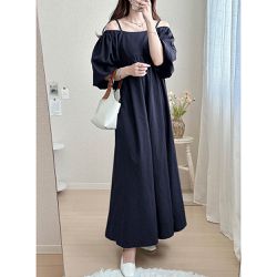 日本 GRL - 2WAY浪漫露肩收腰泡泡袖洋裝-深藍 (F)