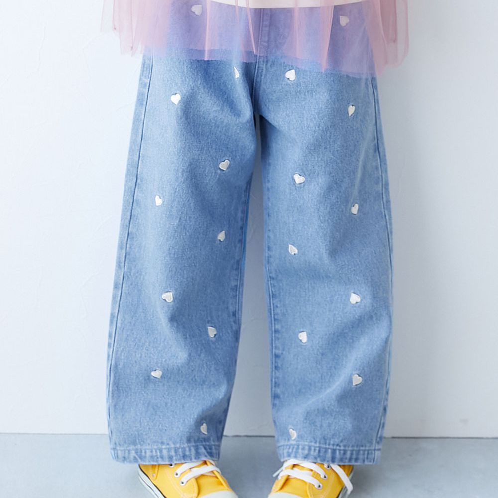 甜美亮麗刺繡刷色丹寧寬褲-愛心-淺藍