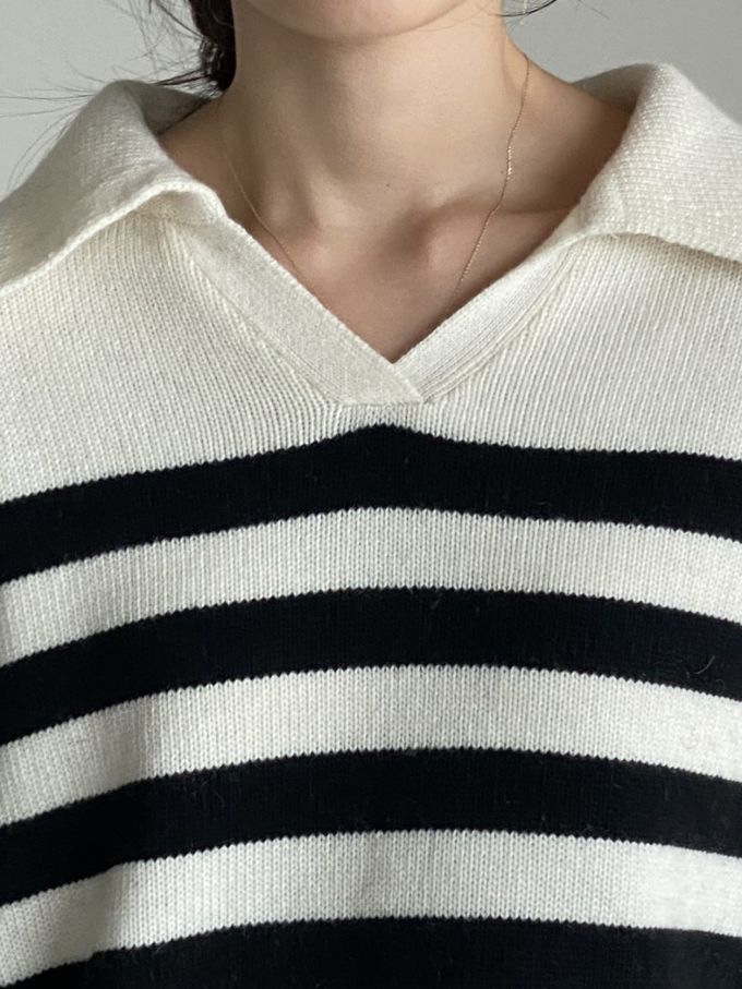 韓國女裝連線 - 精選美麗諾羊毛翻領上衣-米白底X黑條紋 (FREE)
