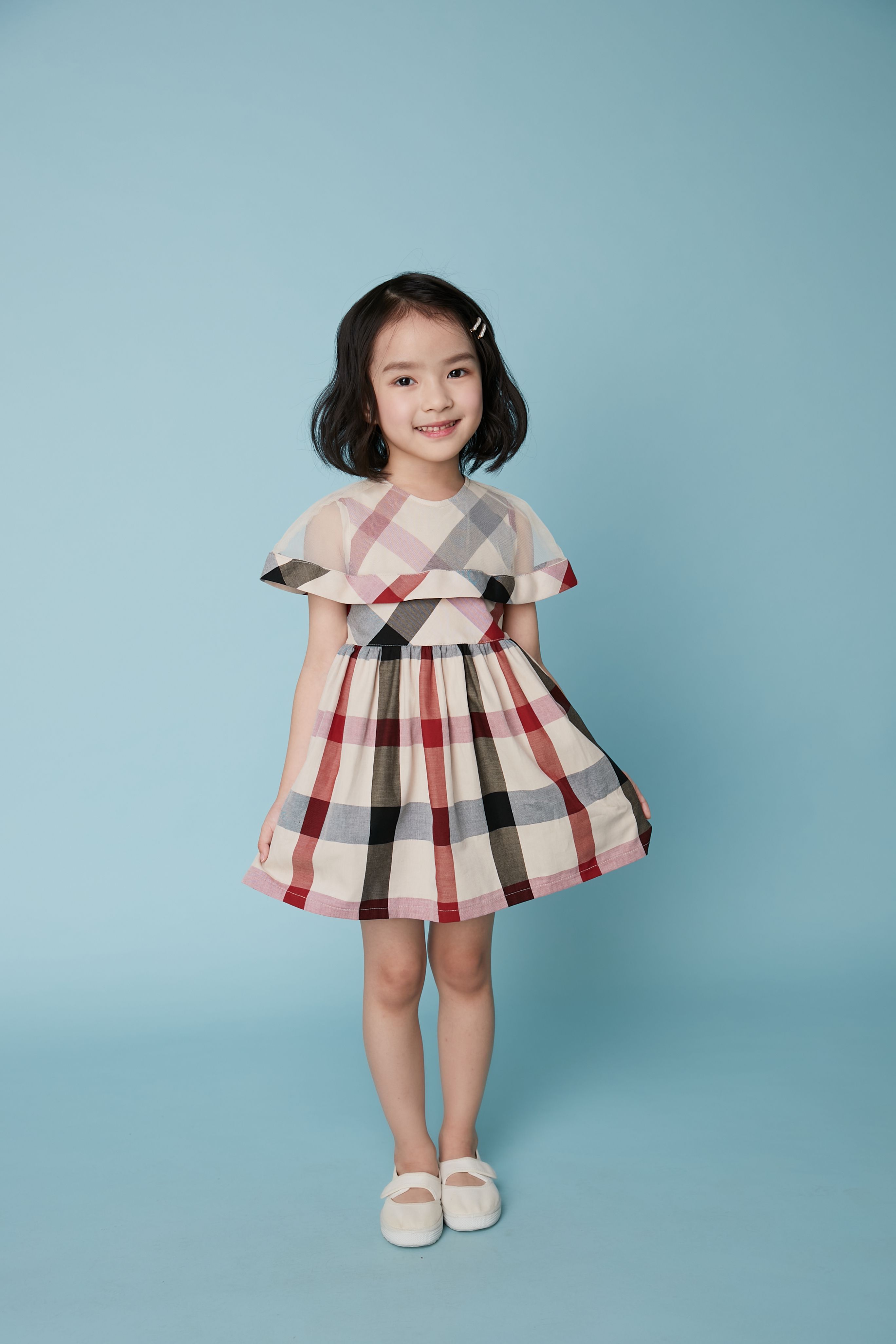 韓國 Coco Bang - 透膚披肩英倫格紋洋裝