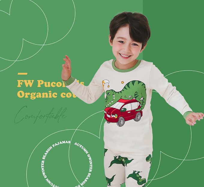 正韓 Puco - 超優質嬰幼兒/兒童長袖100% 有機純棉家居服/睡衣-恐龍與車