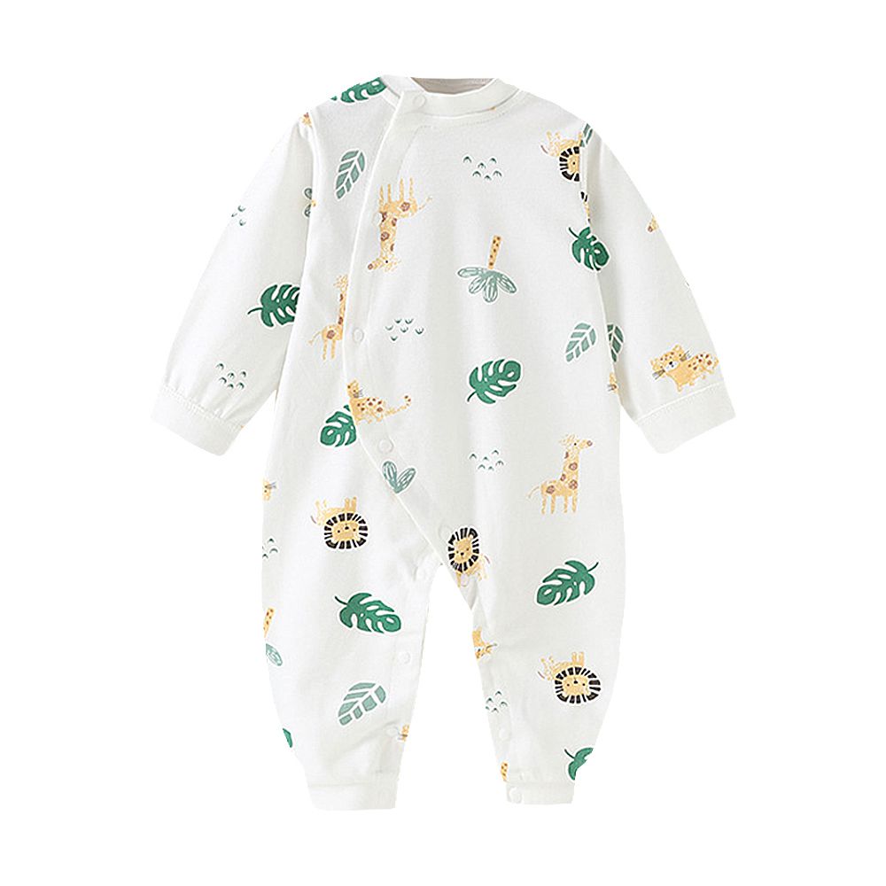 純棉長袖包屁衣 前開扣連身衣 寶寶睡衣-獅子小鹿