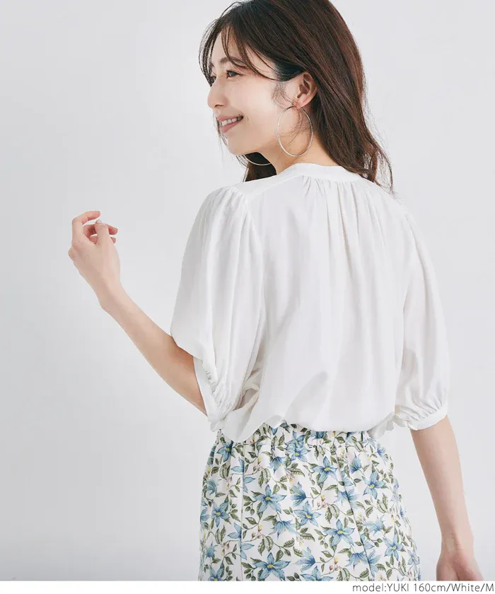 日本 COCA - 質感圓領泡泡短袖雪紡襯衫-白