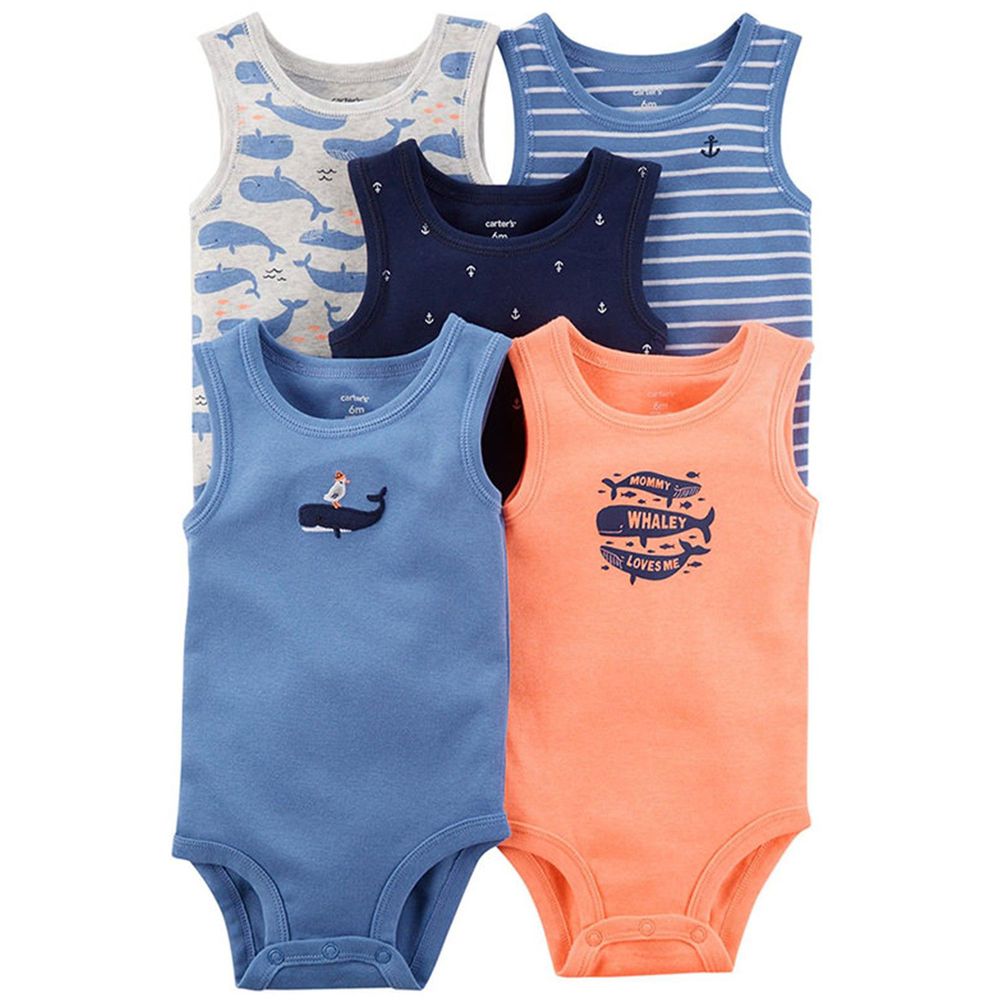 美國 Carter's - 嬰幼兒無袖包屁衣五件組-海鷗鯨魚
