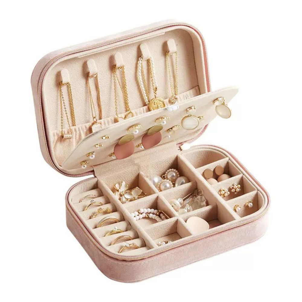 氣質簡約絲絨首飾拉鍊收納盒-不含陳列首飾-胭脂粉色