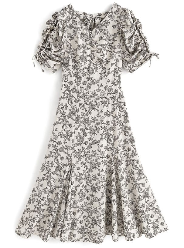 日本 GRL - 優雅歐風碎花收腰魚尾洋裝-米杏