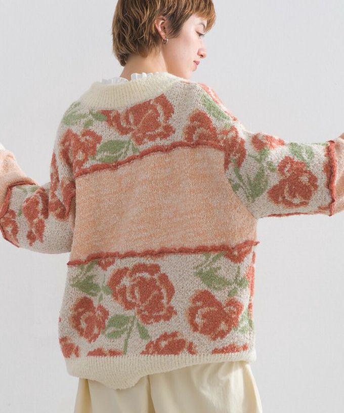 日本 Lupilien - 毛茸感華麗大花朵針織上衣-炭灰x黃