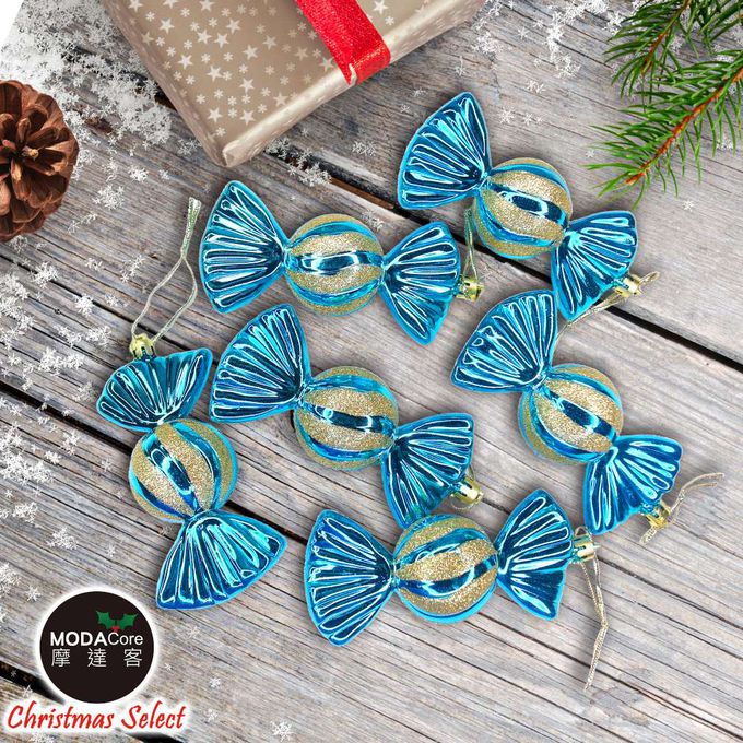 MODACore 摩達客 - 摩達客耶誕-11CM彩繪電鍍糖果6入吊飾組(藍色系)聖誕樹裝飾球飾掛飾