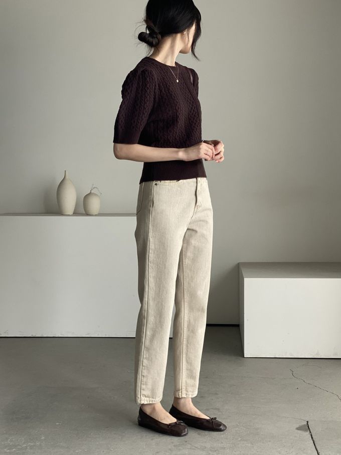 韓國女裝連線 - 麻花辮編織五分袖針織上衣-咖啡紅 (FREE)