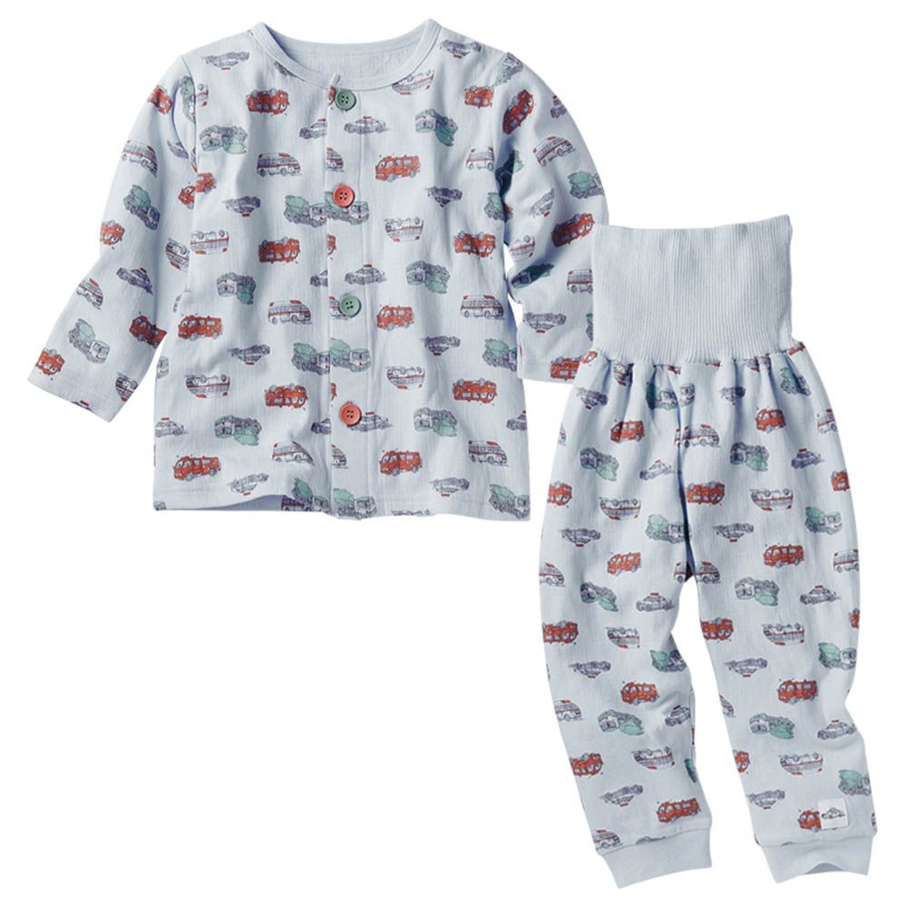 長袖家居服-穿衣練習 前開式 工程車-淺藍色