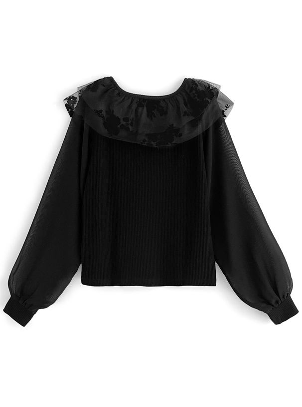 日本 GRL - 花刺繡V領泡泡袖上衣-黑
