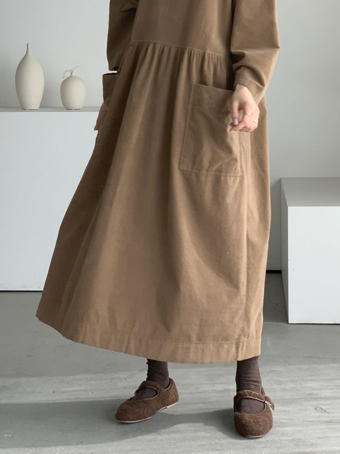 韓國女裝連線 - 極簡大口袋燈芯絨連身洋裝-焦糖棕 (FREE)