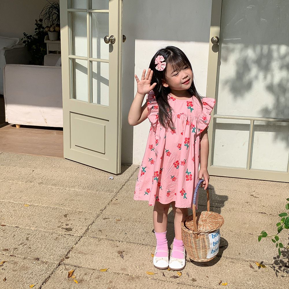 浪漫荷葉袖棉質連身洋裝-繽紛愛心-白色