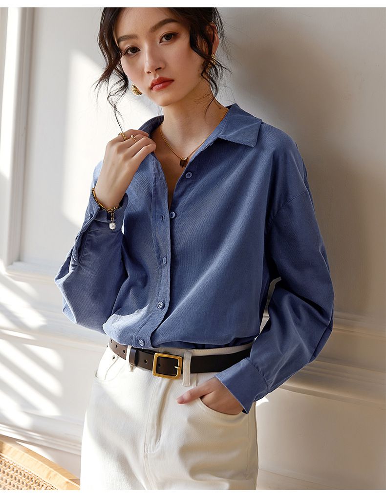 法式溫柔純色基礎長袖襯衫-咖啡色