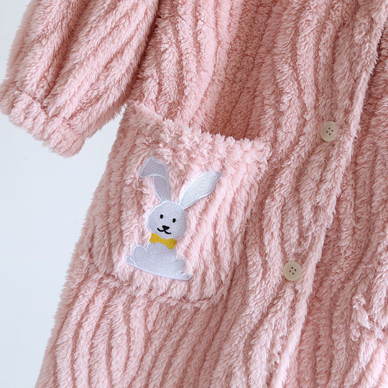 法蘭絨造型暖暖連身睡袍-兔子耳朵-米白色