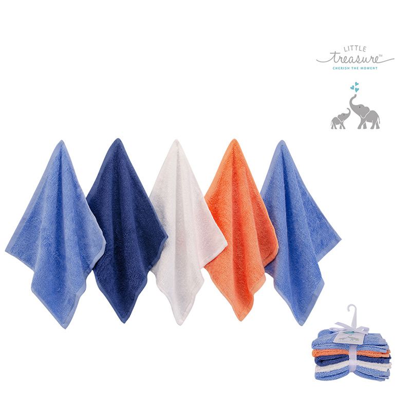 美國 Luvable Friends - 多功能嬰幼兒天然竹纖維小方巾/洗澡巾/擦嘴巾5入組(25*25cm)-藍橘組 (單一尺寸)
