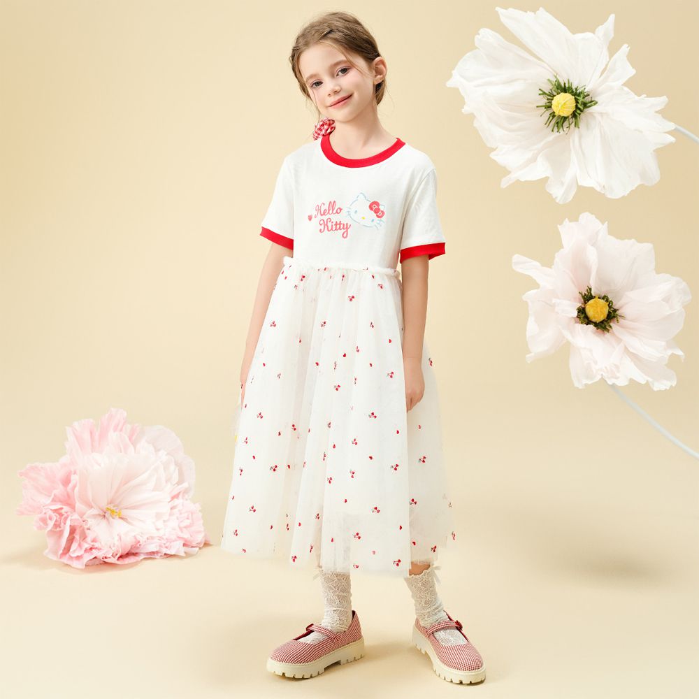 撞色滾邊浪漫網紗短袖洋裝-卡通人物Hello Kitty-白色