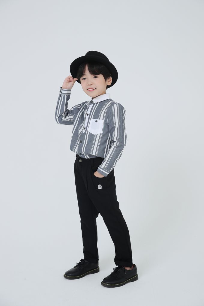 韓國 Coco Bang - 間隔條紋小口袋翻領長袖襯衫-灰