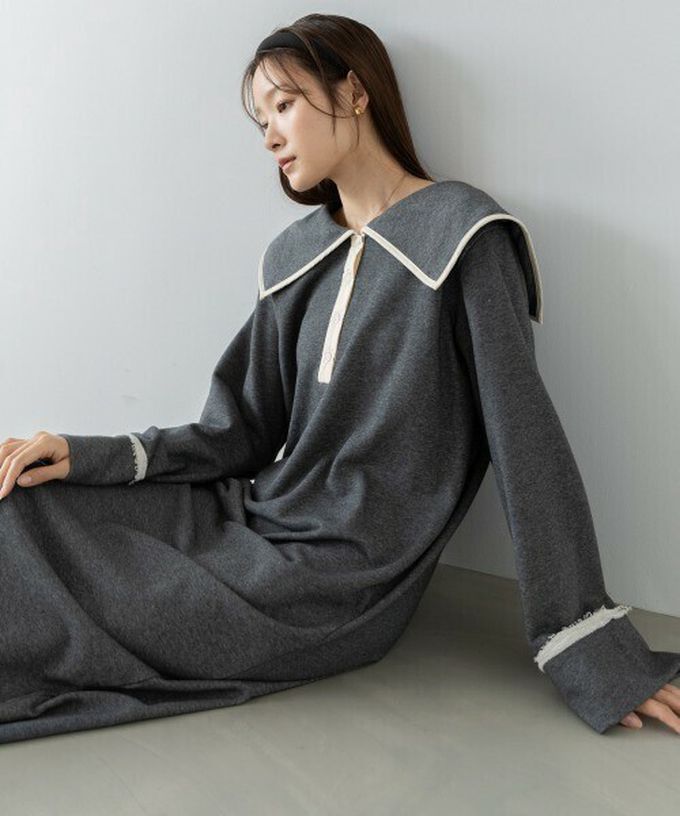 日本 Bab - 滾邊個性大翻領休閒長袖洋裝-象牙