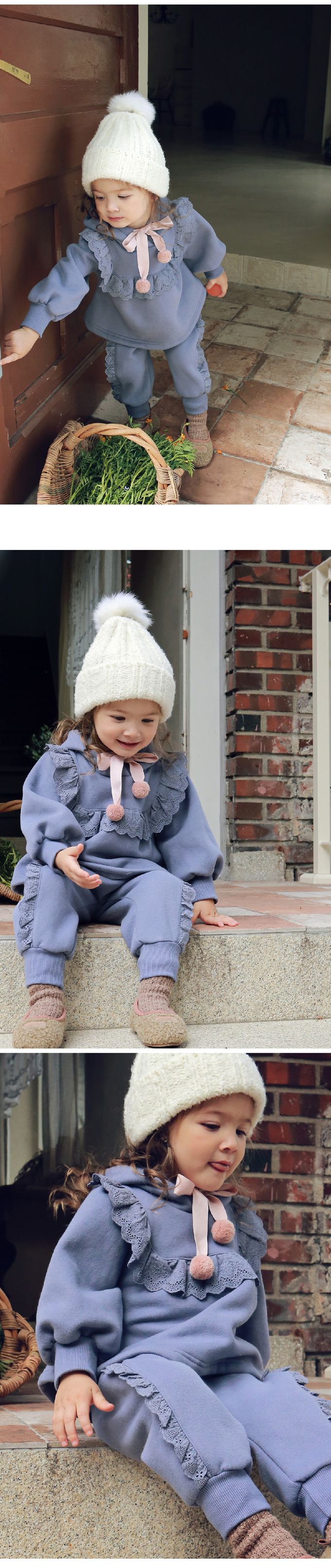 韓國 Puellaflo - (不含毛球抽繩)花邊連帽上衣-霧藍